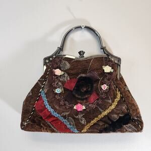 Vintage Womens Velvet Tapestry Ornate Ruffles Handbag